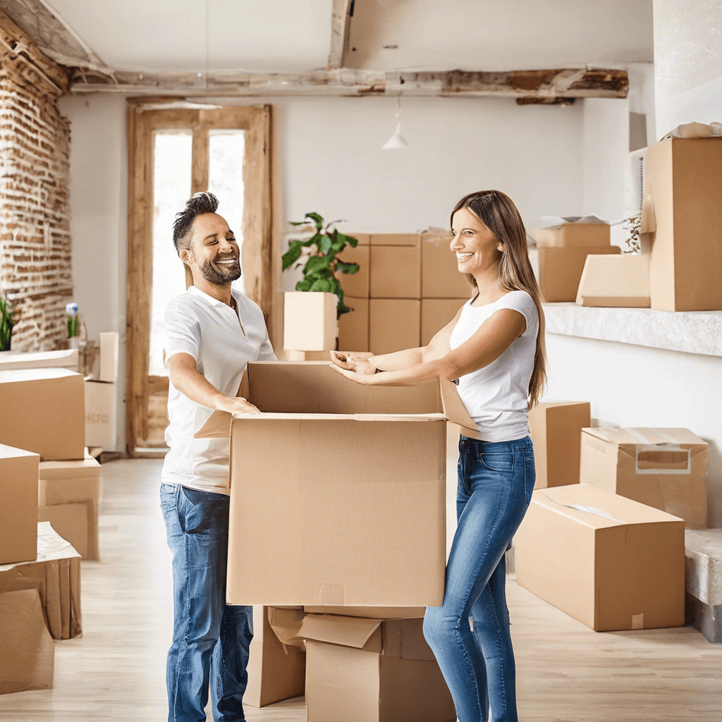 a man and woman holding boxes in a room for moving