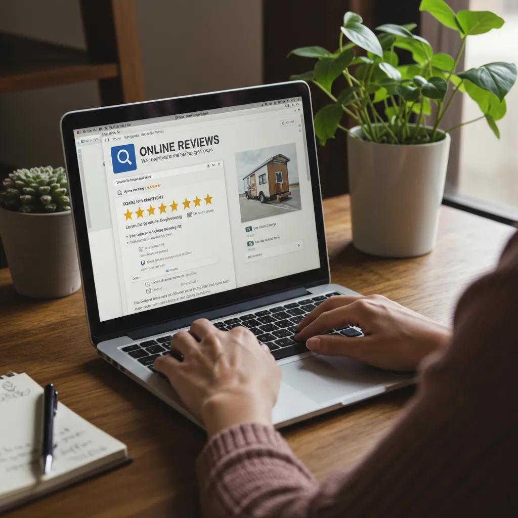 Person reading online reviews for local moving services on a laptop