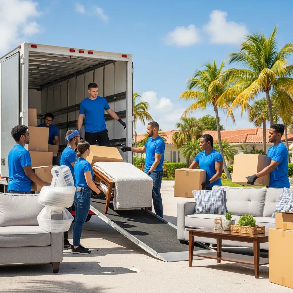 Lee's Moving Company crew actively unloading furniture from two trucks at a Coral Springs residential move