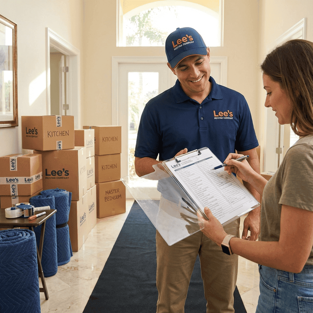 Lee's Moving Company truck entering Weston Hills gated community for residential move in Weston, Florida