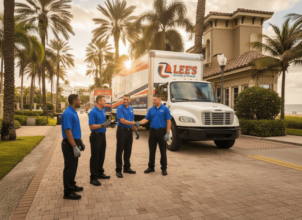Happy customer in front of Lee's Moving truck, Coral Springs FL