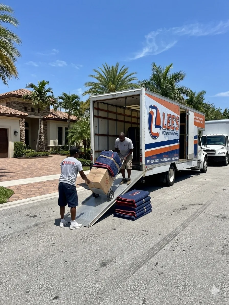 Lee's Moving crew unloading furniture at a luxury estate, Boca Raton FL