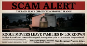 Moving fraud scam alert newspaper headline for Palm Beach and Broward County residents - Lee's Moving Company