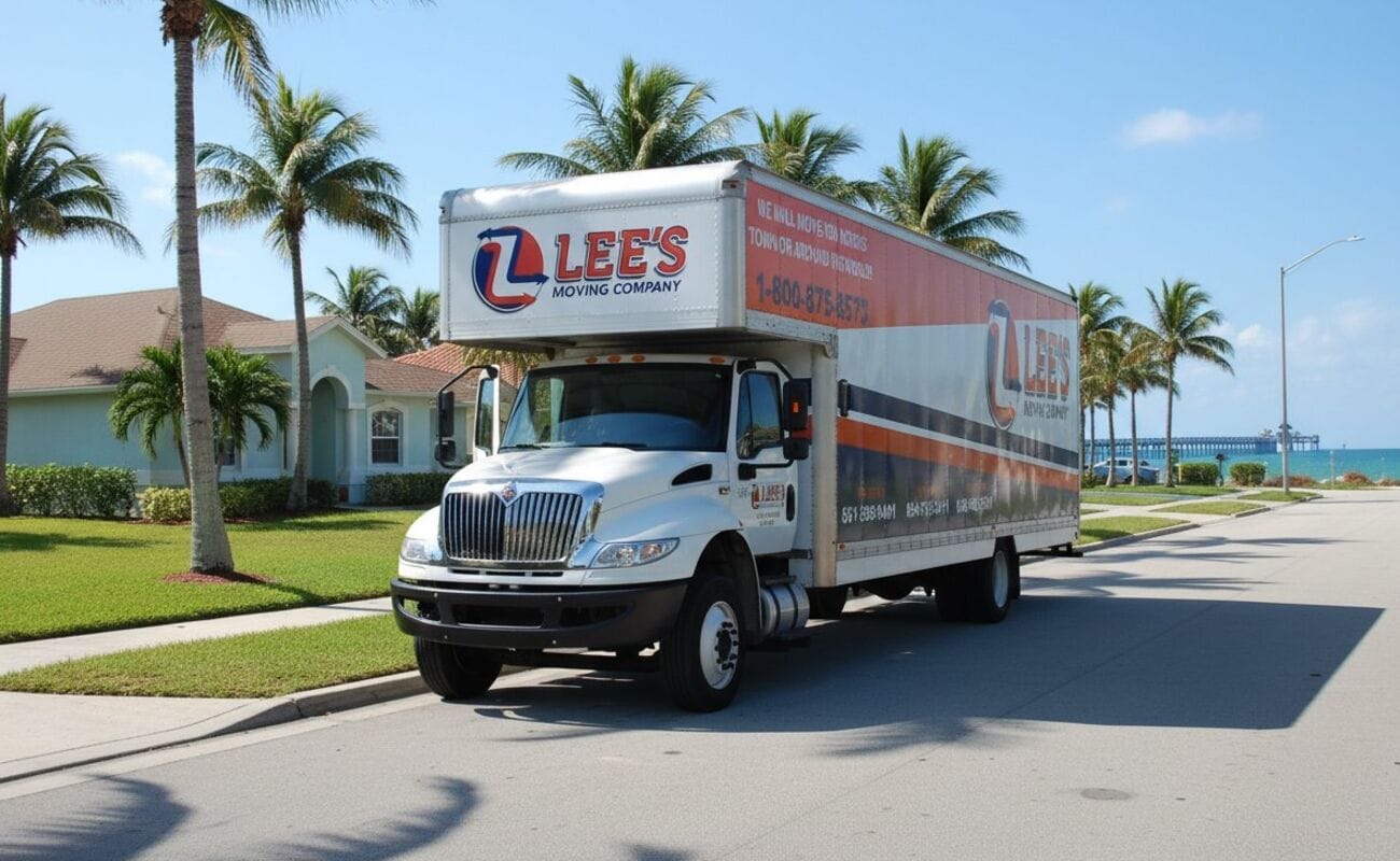 Lee's Moving truck at a Palm Beach oceanfront property with palm trees, Palm Beach FL