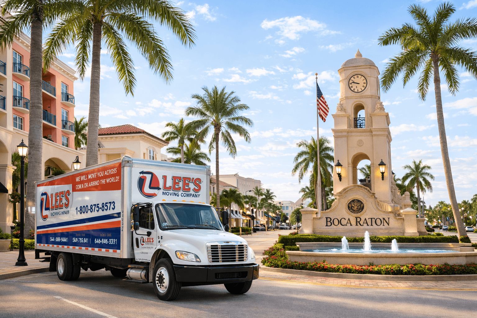 Lee's Moving truck near the Mizner Park clock tower in downtown Boca Raton