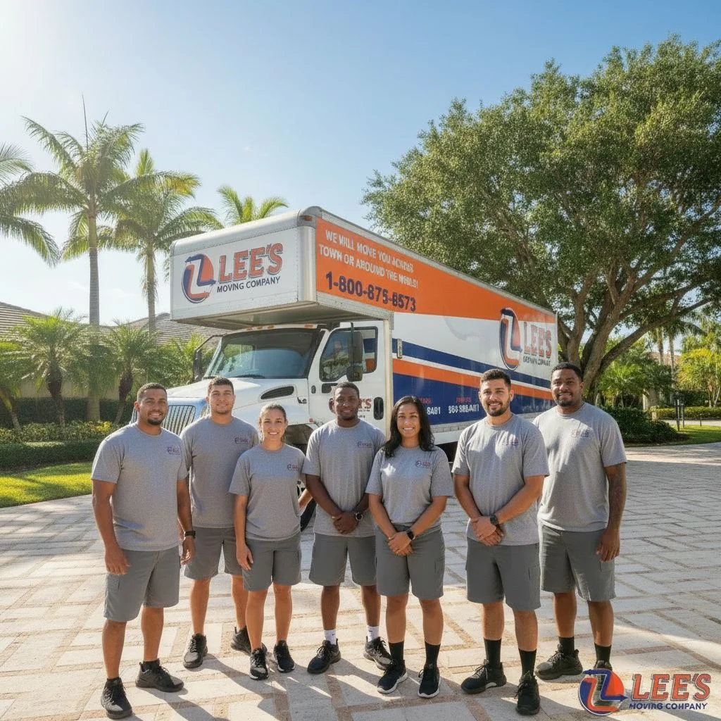 Lee's Moving Company crew in matching uniforms standing in front of a company truck on a Delray Beach street, professional and identifiable