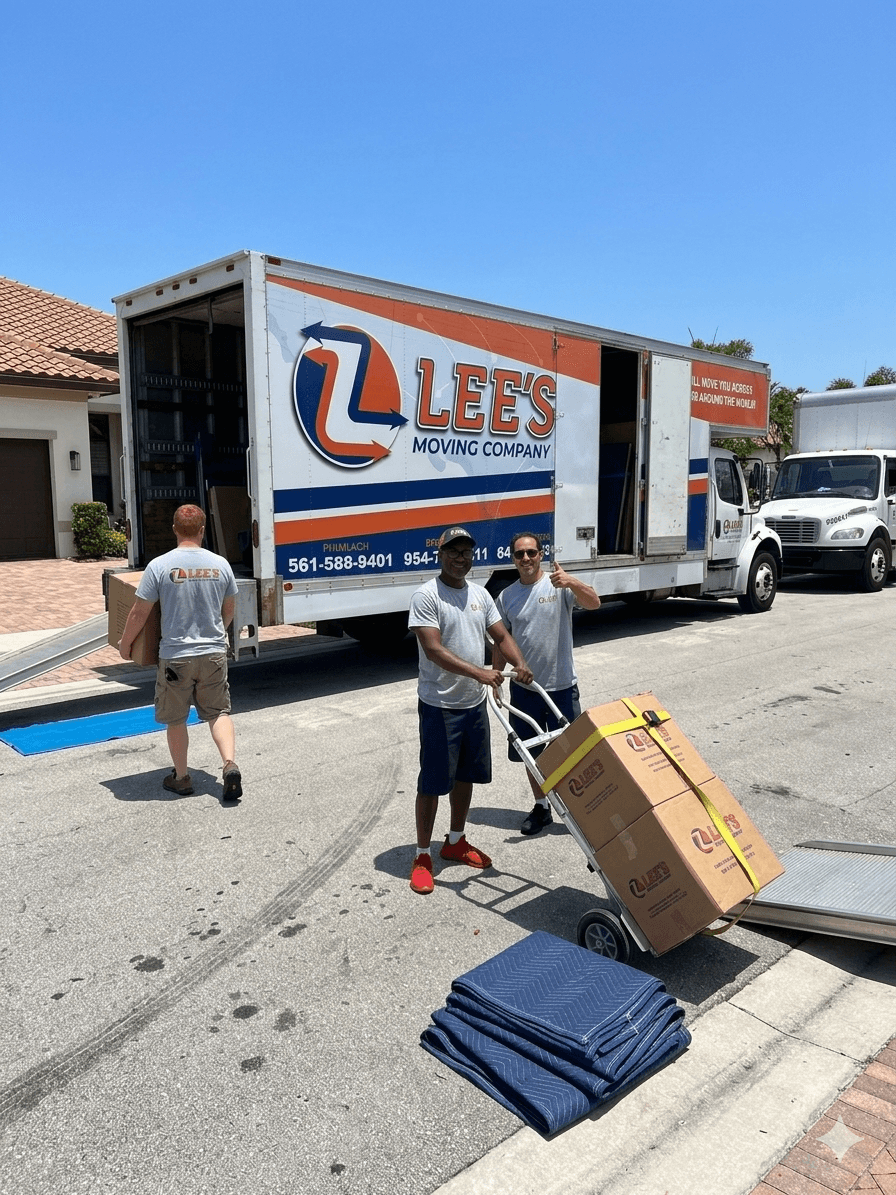moving crew rolling a padded freight elevator dolly inside a high-rise condo lobby