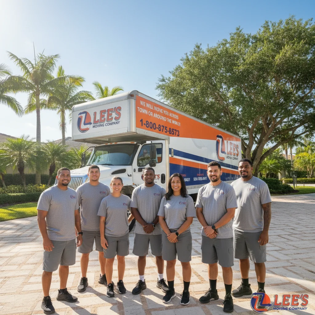 Lee's Moving Company crew carefully maneuvering a wrapped dresser through a tight historic-home doorway in Delray Beach