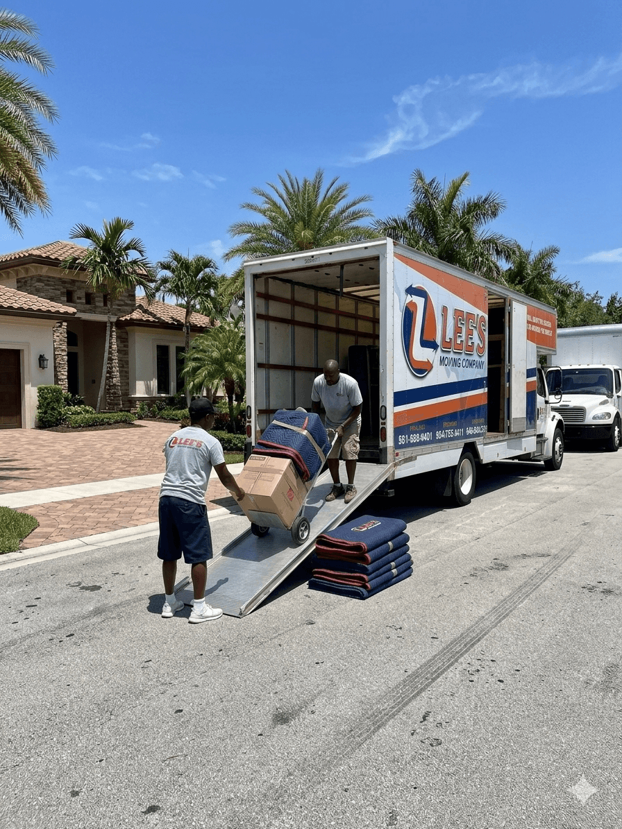 moving crew carrying wrapped furniture down an exterior staircase of a downtown Delray Beach loft building near Atlantic Avenue