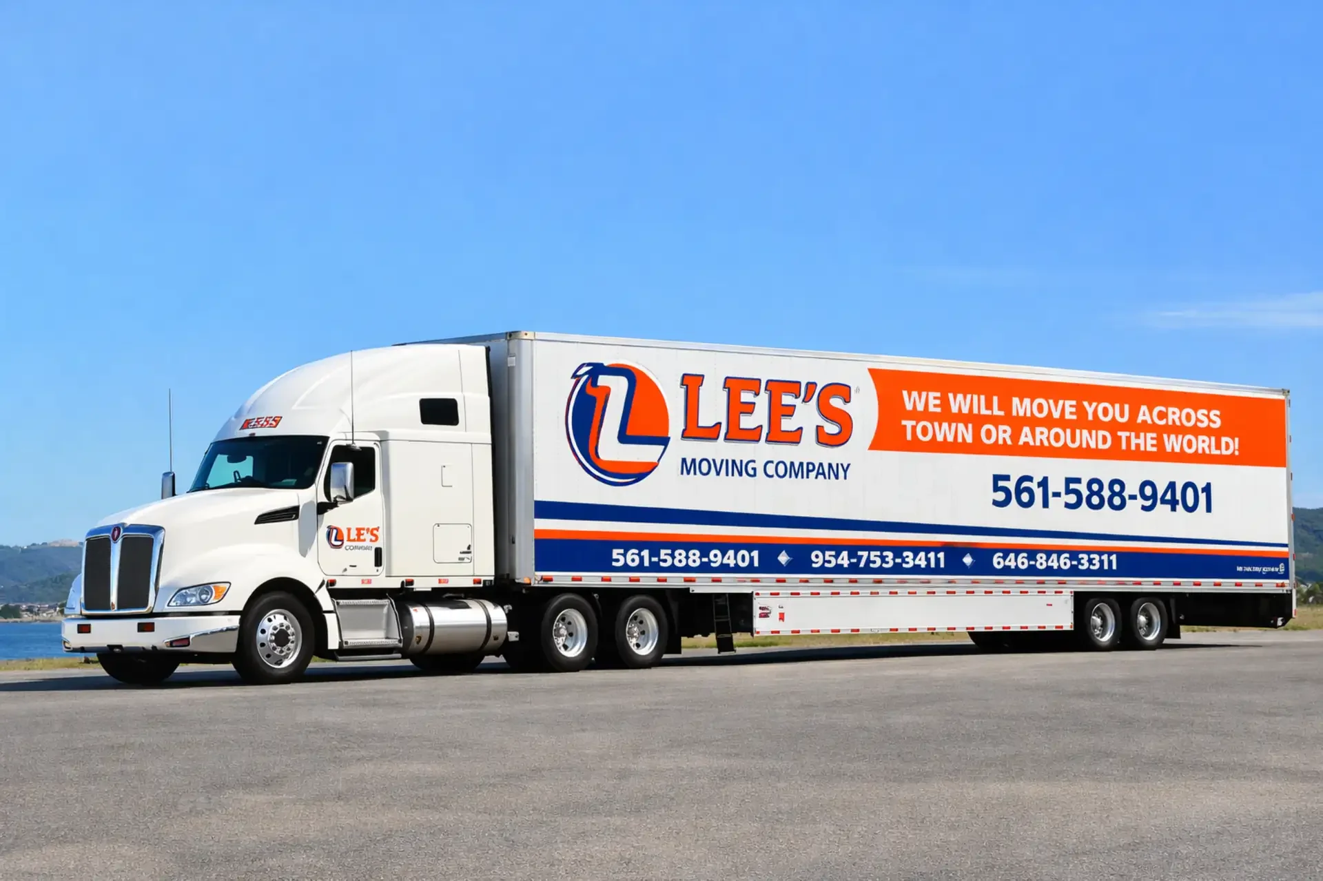 branded moving truck showing visible USDOT and Florida license numbers